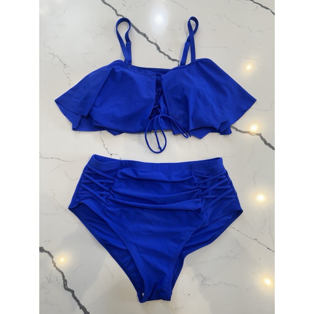 Women’s Blue Bikini Set LX High Waist Strappy Bottoms Ruffle Top Lace Up Sexy